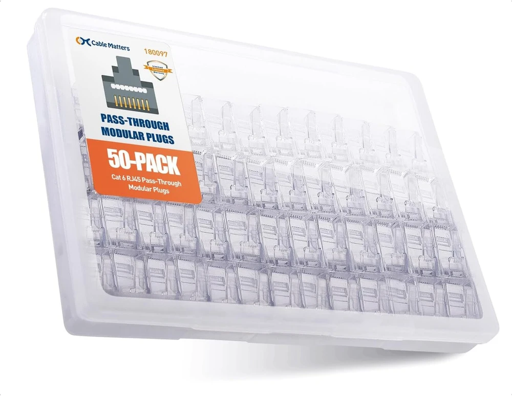Cable Matters Cat 6 Rj45 jungčių rinkinys (50 vnt.) su praėjimu (pass Through Rj45, Cat 6 Lan kištukas, Cat6 tinklo kištukas) skirtas vientisam arba vytos poros Utp kabeliui