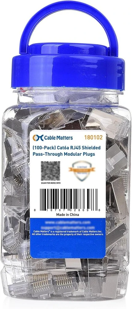 Cable Matters ekranuoti rj45 passthrough jungtys (cat 6a galai / cat6a jungtis / rj45 moduliniai kištukai / ethernet kištukai / tinklo jungtis) skirti vientisam arba vytam s/ftp ethernet kabeliui, 100 vnt.