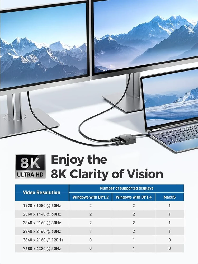 Cable Matters nešiojamas 8k / dvigubas 4k 60hz Usb C į dvigubą Displayport adapterį, Thunderbolt į dvigubą Dp adapterį - suderinamas su Thunderbolt 4, skirtas Xps, Surface Pro (macos palaiko Vieną išorinį ekraną)