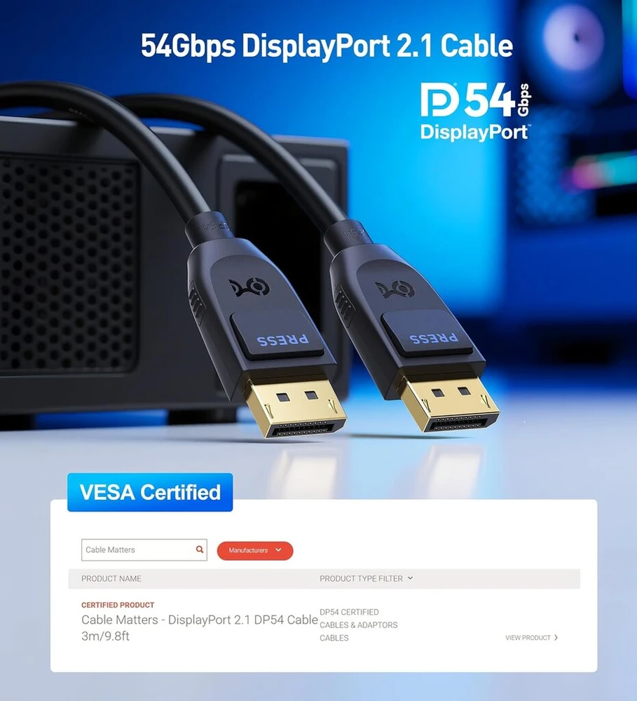Cable Matters [vesa sertifikuotas] 54 gbps displayport 2.1 kabelis 3 m, dp54 kabelis su 8k 165 hz, 4k 500 hz juodos spalvos su freesync, g-sync ir hdr, skirtas žaidimų monitoriui, pc, rtx 4080/4090, rx 7900