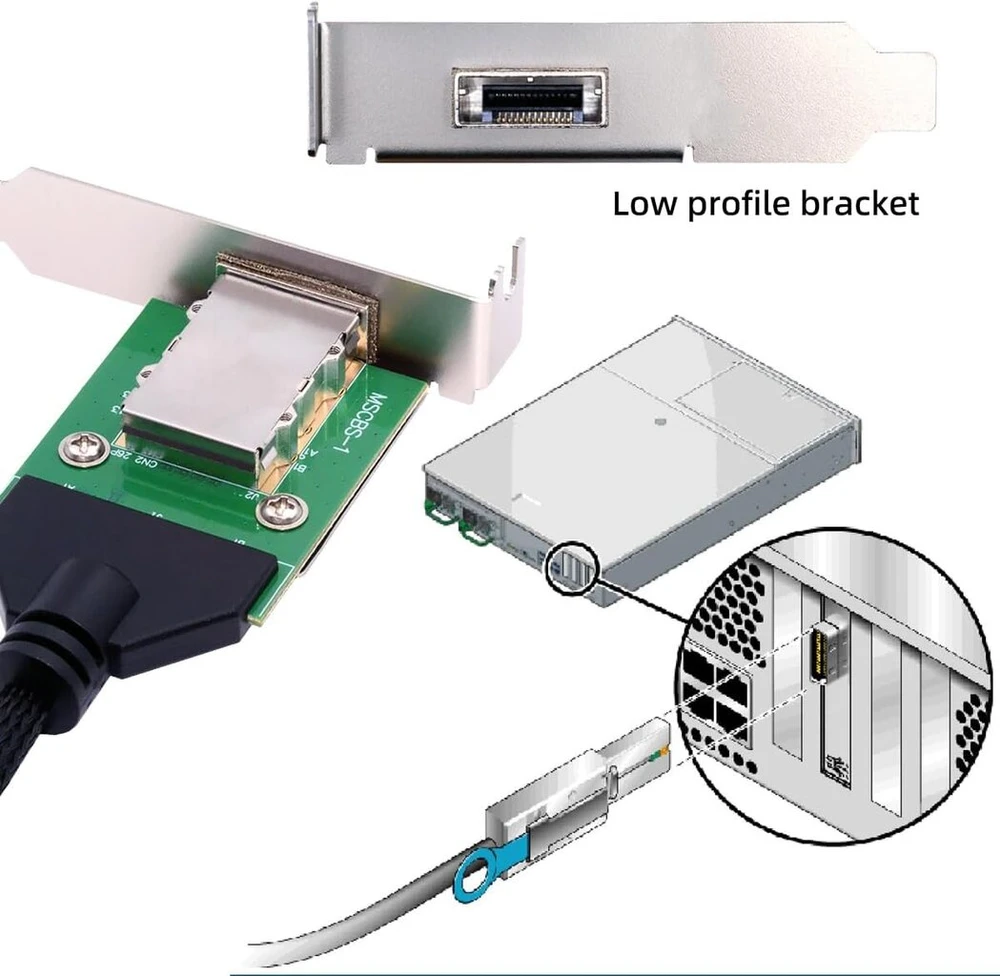 Cablecc mini sas sff-8088 male į sff-8088 female išorinis kabelis pcba su žemo profilio laikikliu 50cm