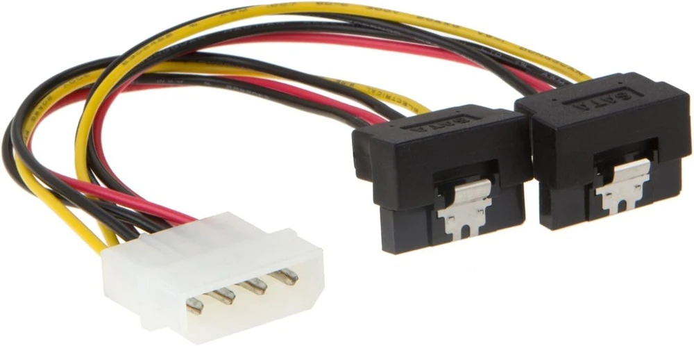 Cablecreation Molex į Sata, [2 vnt.] 15 cm Molex 4 kontaktų į 2 x Sata 15 kontaktų žemyn kampu moteriškas maitinimo kabelis