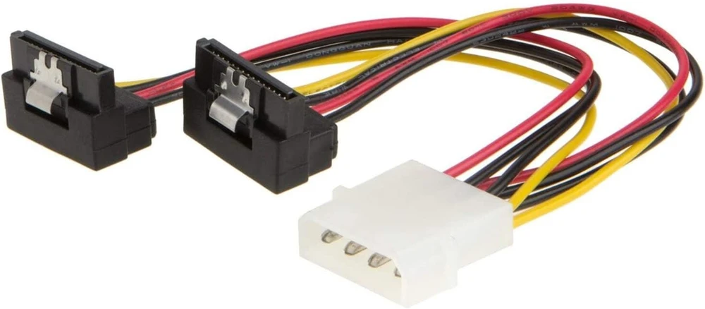 Cablecreation Molex į Sata, [2 vnt.] 15 cm Molex 4 kontaktų į 2 x Sata 15 kontaktų žemyn kampu moteriškas maitinimo kabelis