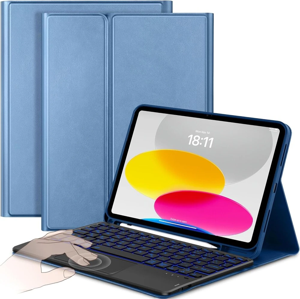 Cacoe dėklas su klaviatūra, skirtas ipad 11 (a16) / 10 kartos (11 colių / 10,9 colio) 2025/2022 su jutikliniu kilimėliu, 7 spalvų apšvietimu, nuimama belaide klaviatūra, electric mėlynas