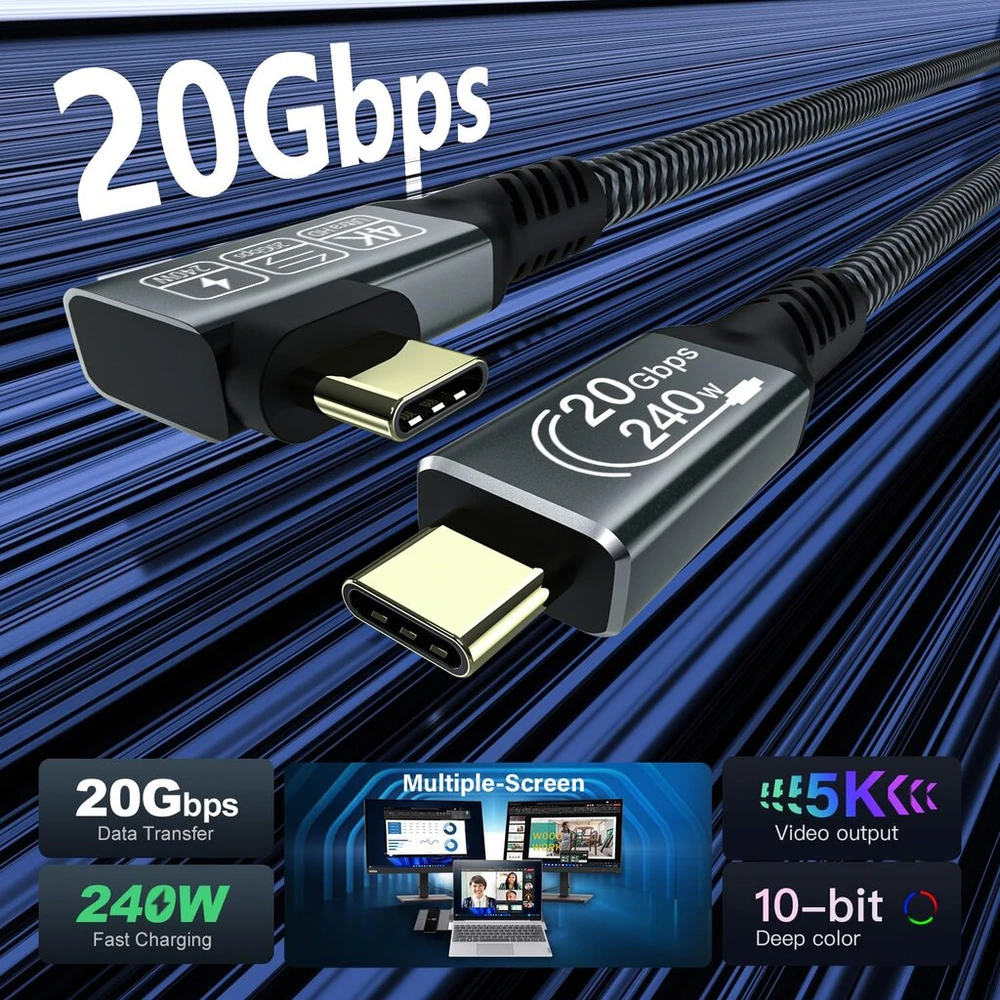Cakoble usb c - usb c 2m kabelis, usb 3.2 gen2 type c įkrovimo kabelis, 20 gbps duomenų perdavimas, 240 w 48 v/5 a greito įkrovimo kabelis, 4k @ 144 hz vaizdo perdavimo usb c kampas nešiojamam kompiuteriui, mobiliajam telefonui