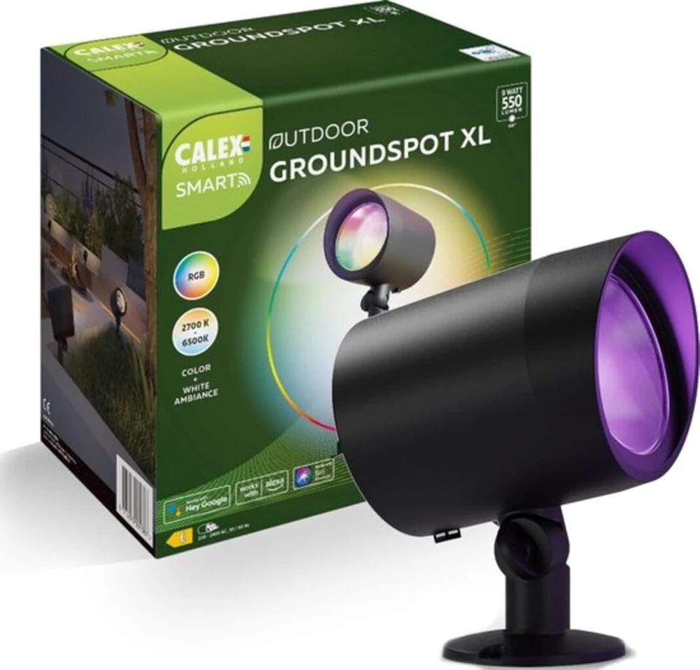 Calex išmanusis lauko led xl grindų prožektorius, 9 w, atsparus vandeniui, išmanus sodo apšvietimas su įsmeigiamu smaigaliu, rgb ir šilta balta šviesa, juodas