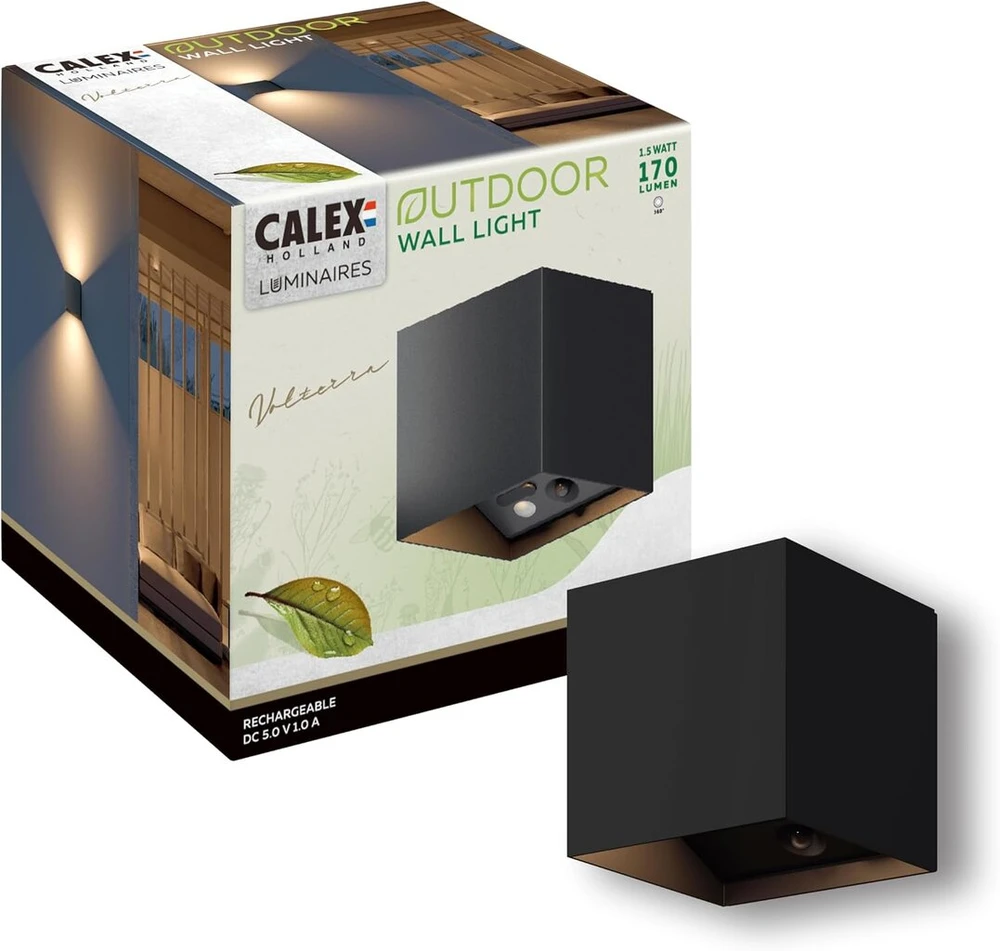 Calex sieninis šviestuvas su baterija, aukštyn ir žemyn sodo šviestuvas, atsparus vandeniui ir be maitinimo jungties, šilta balta šviesa, skirtas naudoti viduje ir lauke, baterija su usb-c įkrovimu, judesio jutiklis, juodas