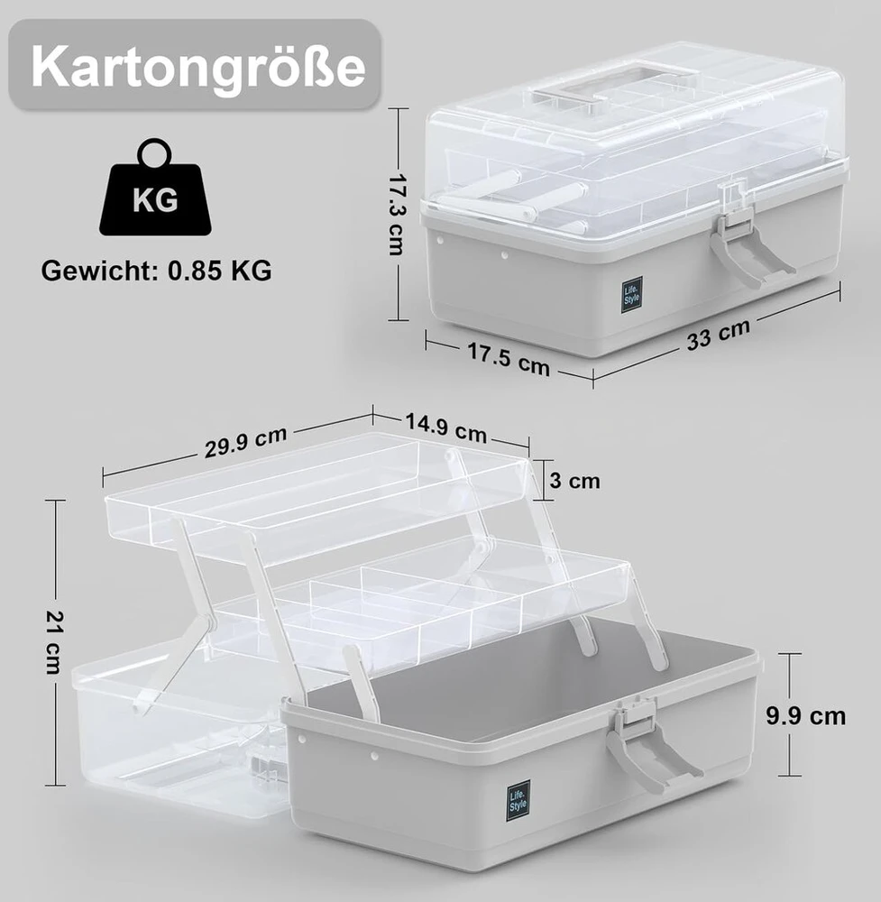 Calogy 33 cm meno reikmenų laikymo dėžutė 3 sluoksnių plastikinė siuvimo rankdarbių dėžutė su rankena, skirta vaistams, įrankiams, kosmetikai, rašikliams
