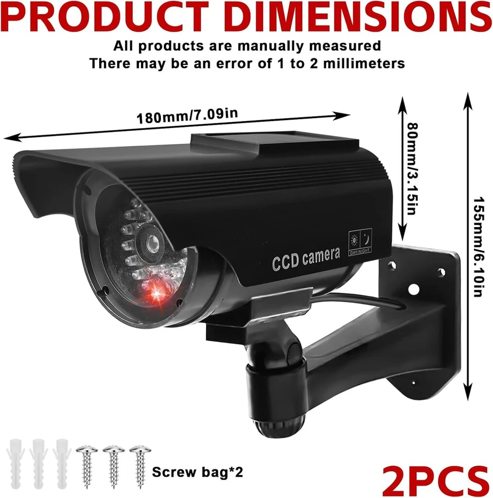 Camera Atrappe lauko, 2 vnt. muliažinių apsaugos kamerų su mirksinčia led lempute, muliažinė cctv stebėjimo kamera, muliažinė saulės energija maitinama simuliacinė netikra kamera