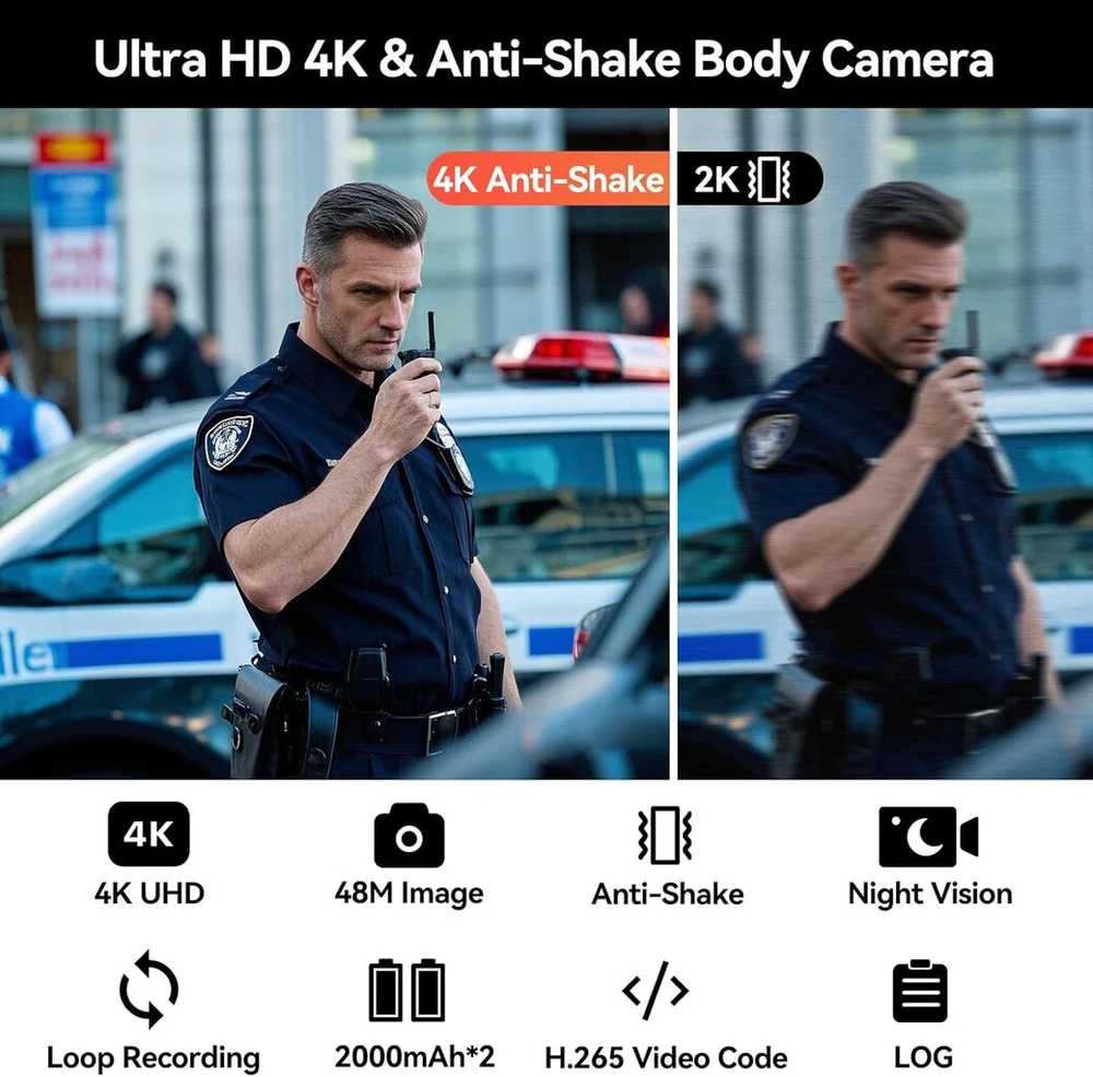 Cammhd W8-64gb 4k Apsaugos nuo drebėjimo kūno kamera 2 Baterijos 4000 Mah su 10 valandų vaizdo įrašymu, duomenų šifravimo automobilio Ultra Hd naktinio matymo kūno kamera su įkrovimo stotele apsaugai
