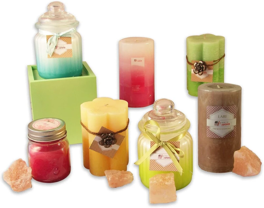 Candele D'aurora 7 skirtingų formų ir kvapų rinkinys, pastelinė pavasario kolekcija, spalvos: žalia, geltona, rožinė, balta, šviesiai mėlyna, vokiški dagčiai
