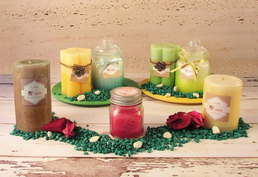 Candele D'aurora 7 skirtingų formų ir kvapų rinkinys, pastelinė pavasario kolekcija, spalvos: žalia, geltona, rožinė, balta, šviesiai mėlyna, vokiški dagčiai