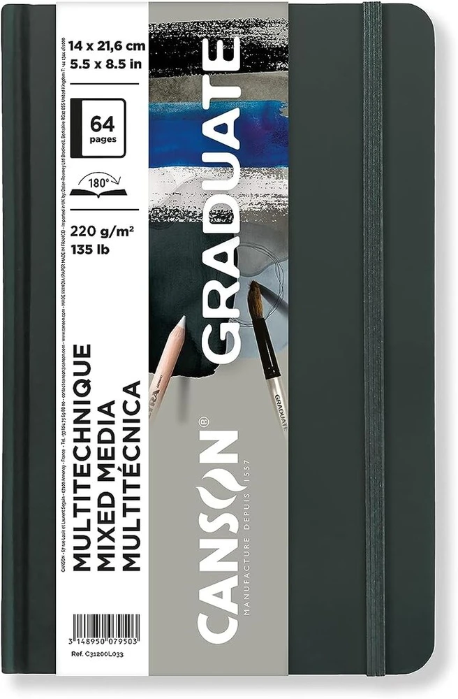 Canson graduate book dvipusis, grūdėtas ir lygus, 220 gsm eskizų knygelė kietu viršeliu, 5.5" x 8.5", pilka, 64 lapai