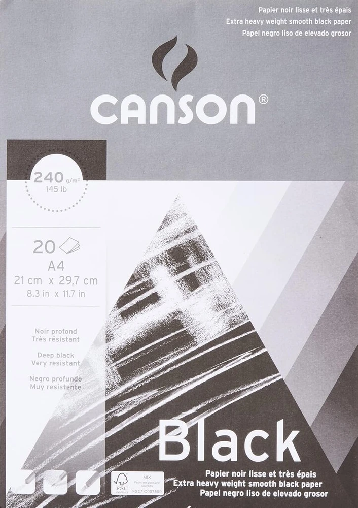 Canson juodas piešimo popierius 240 gsm, A4 bloknotas su 20 lapų gilios juodos spalvos lygaus popieriaus.