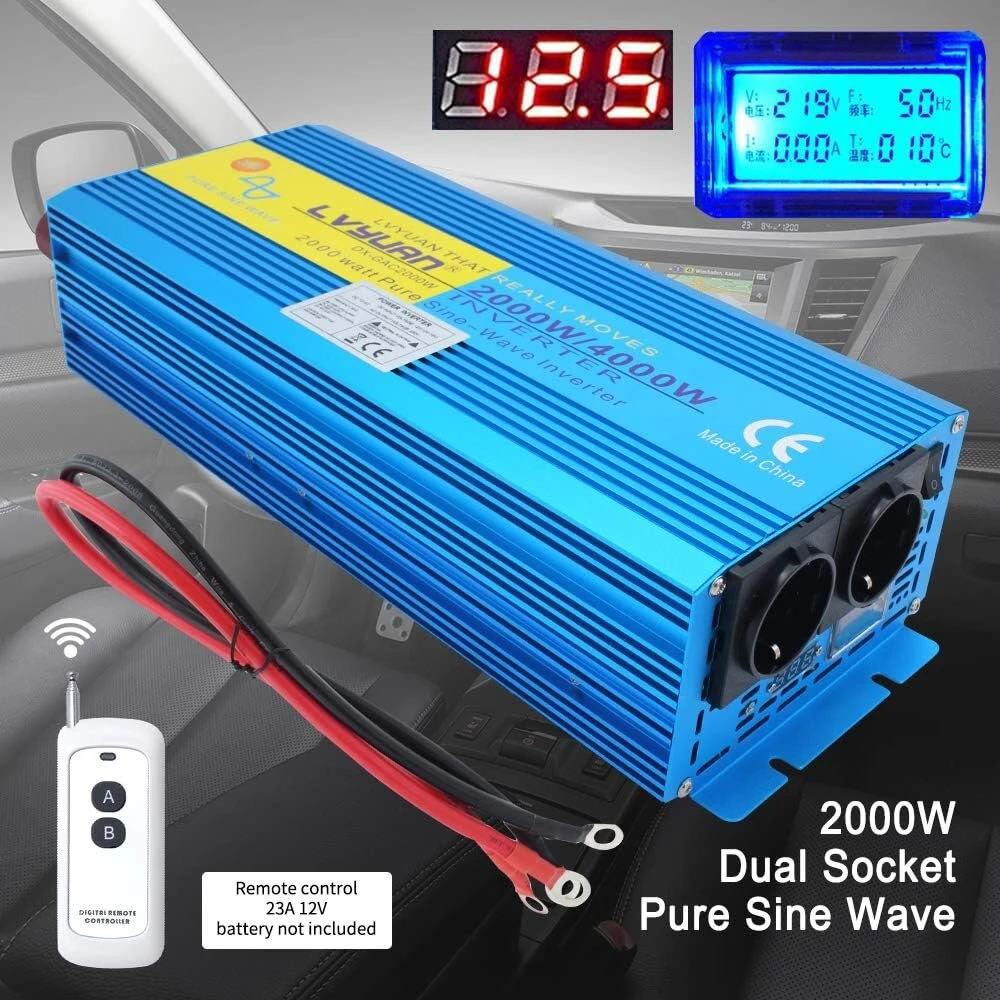 Cantonape įtampos keitiklis 12 V į 230 V 2000 W grynos sinusinės bangos inverteris su dviem kintamosios srovės lizdais ir lcd ekranu bei nuotolinio valdymo pulteliu automobiliui, nameliui ant ratų, valčiai, stovyklavimui, kelionėms