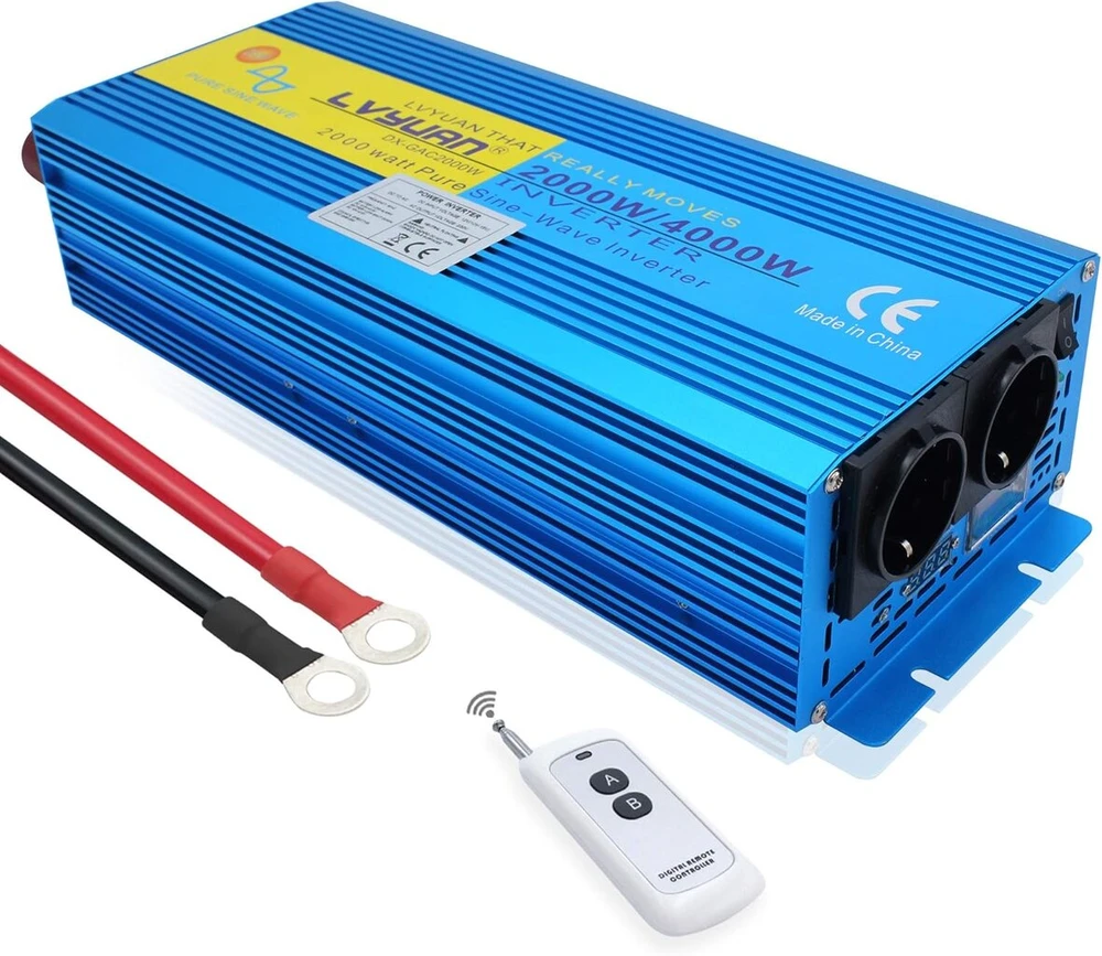 Cantonape įtampos keitiklis 12 V į 230 V 2000 W grynos sinusinės bangos inverteris su dviem kintamosios srovės lizdais ir lcd ekranu bei nuotolinio valdymo pulteliu automobiliui, nameliui ant ratų, valčiai, stovyklavimui, kelionėms
