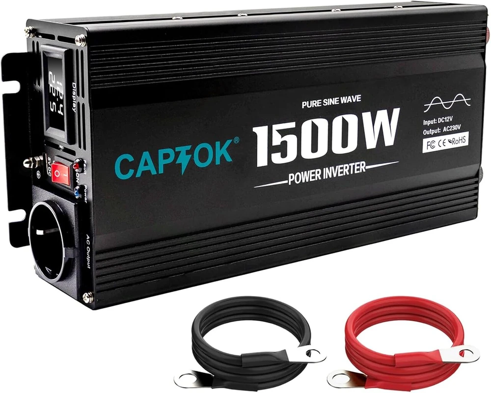 Captok 1500 vatų grynos sinusinės bangos inverteris 12v dc į 220v ac su led ekranu, 2 ac išėjimais, 5v 2.4a usb prievadu, galios keitiklis automobiliui, sunkvežimiui, namams, kelionėms