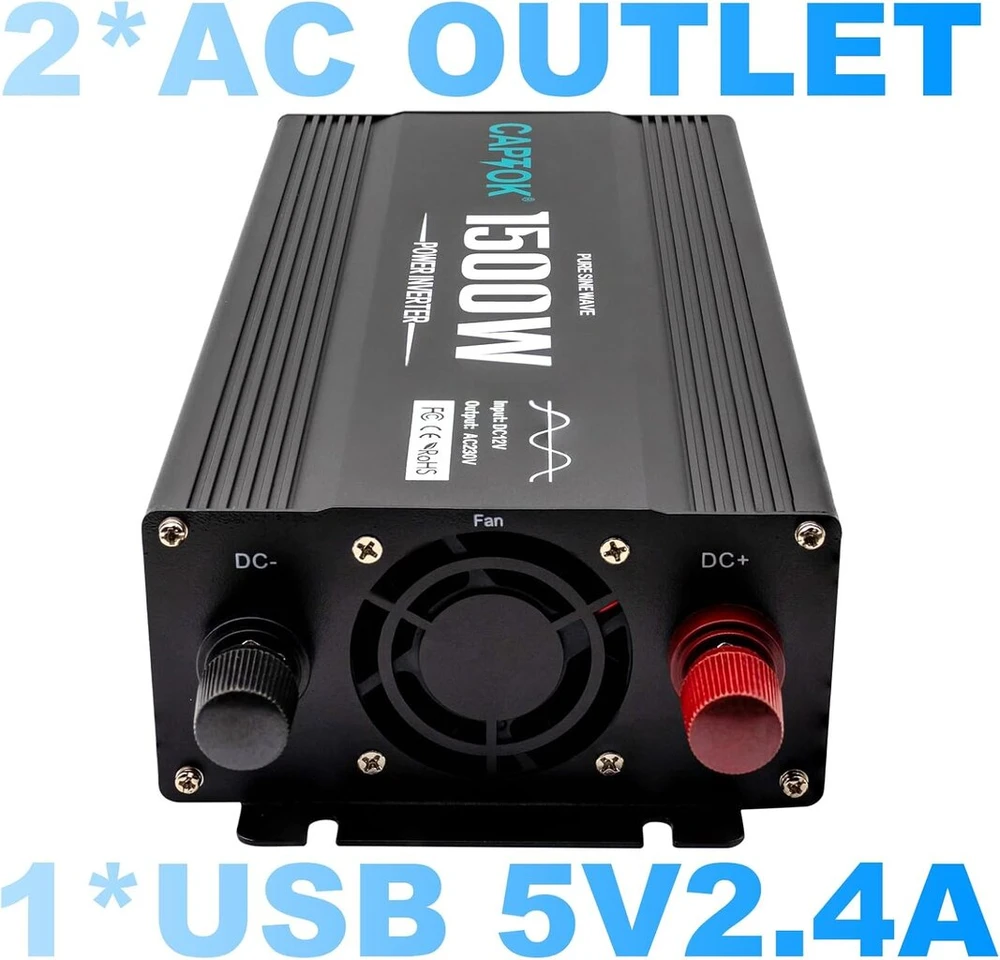 Captok 1500 vatų grynos sinusinės bangos inverteris 12v dc į 220v ac su led ekranu, 2 ac išėjimais, 5v 2.4a usb prievadu, galios keitiklis automobiliui, sunkvežimiui, namams, kelionėms