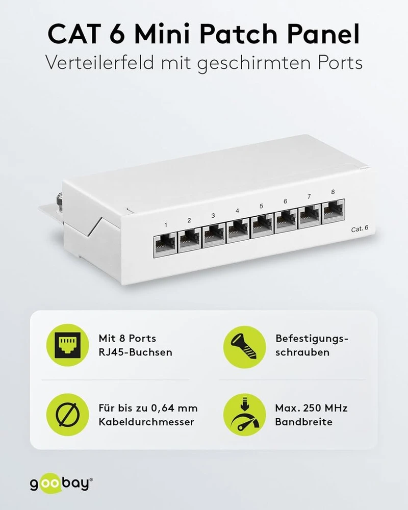 Cat 6 mini/desktop patch panel, 8 portų, baltas - Stp ekranuotas, baltas