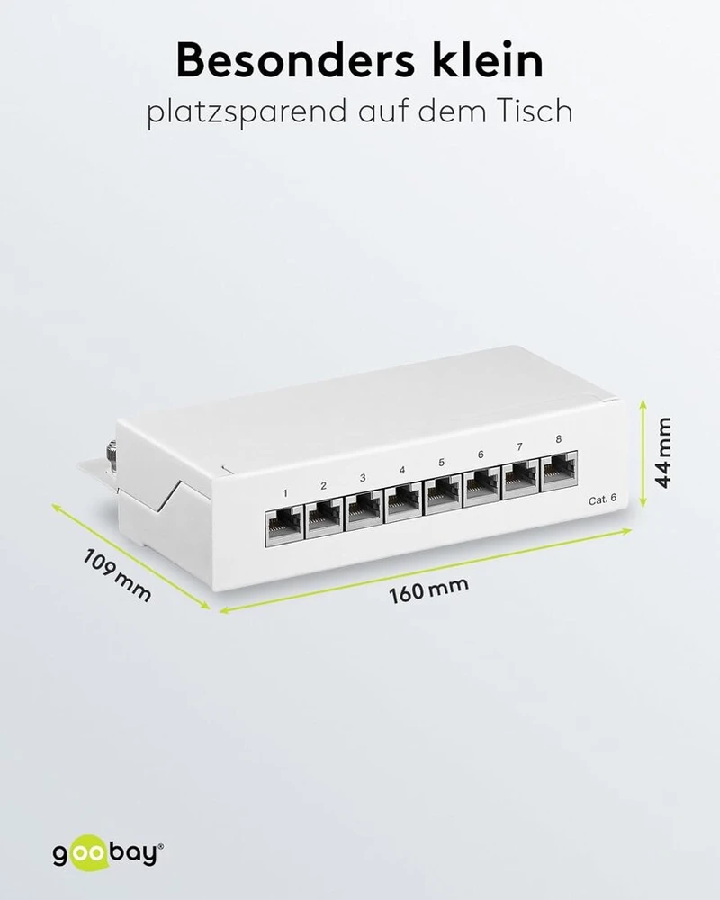 Cat 6 mini/desktop patch panel, 8 portų, baltas - Stp ekranuotas, baltas