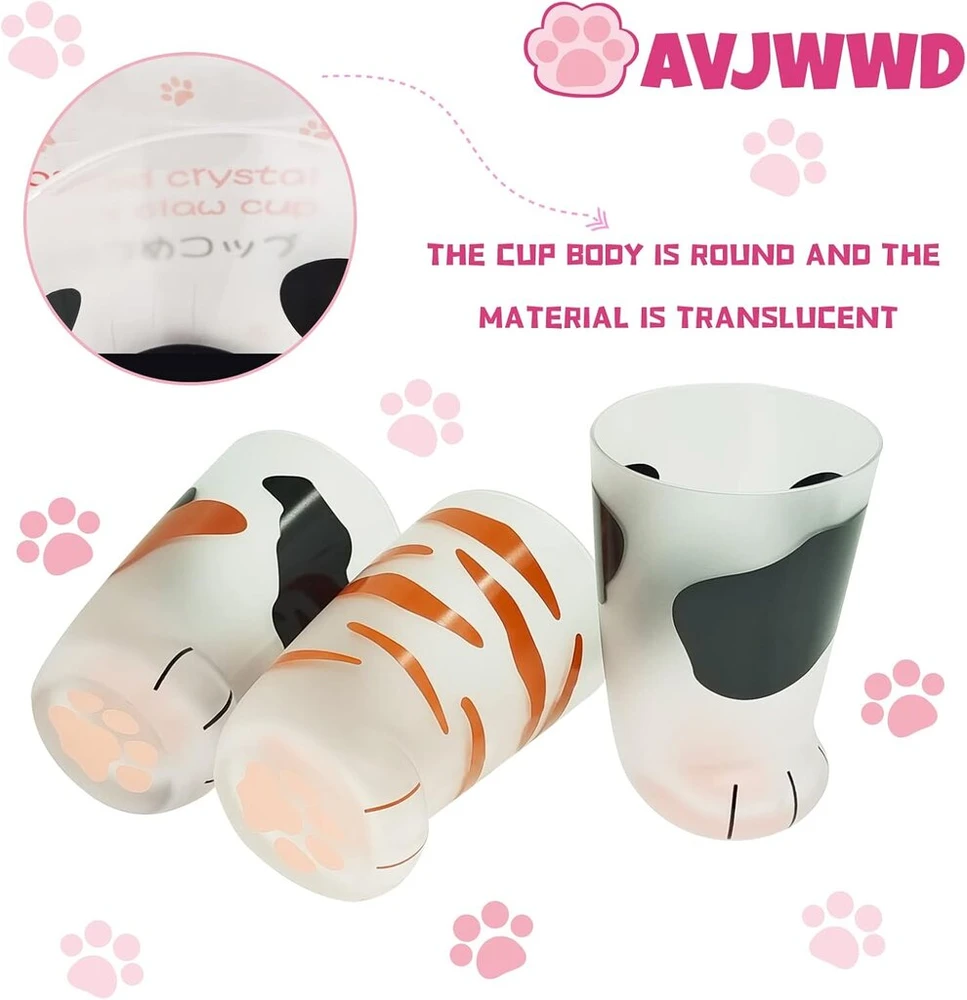 Cat Paw stiklinė taurė, 3 vnt., Cat Paws matinio stiklo taurė, kūrybiškas katės nagas, Cat Paw pieno puodelis, matinis stiklinis puodelis, pieno katės puodeliai, biurui, pusryčių kavos puodelis 300 ml (a+b+c)