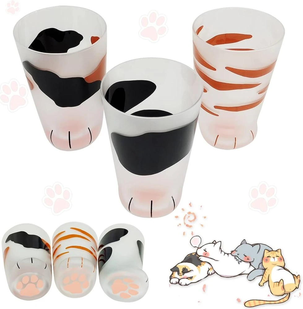 Cat Paw stiklinė taurė, 3 vnt., Cat Paws matinio stiklo taurė, kūrybiškas katės nagas, Cat Paw pieno puodelis, matinis stiklinis puodelis, pieno katės puodeliai, biurui, pusryčių kavos puodelis 300 ml (a+b+c)