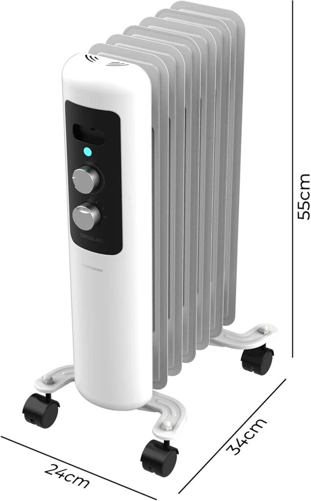 Cecotec mažo energijos suvartojimo elektrinis radiatorius su alyva - 7 moduliai - Readywarm 750 Space Baltas. 1500 W, 3 galios lygiai, saugos sistema ir ratukai, idealus 15 m², baltas