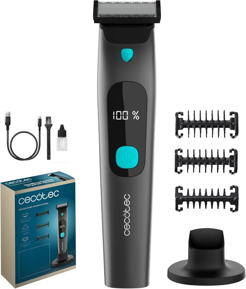 Cecotec Precision Face Razor Precisioncare Oneshave Screen. nerūdijančio plieno ašmenys, 3 priedai (1/3/5 mm), laikymo stotelė, 1,5 val. baterijos veikimo laikas, Ipx7 atsparumas vandeniui, ekranas