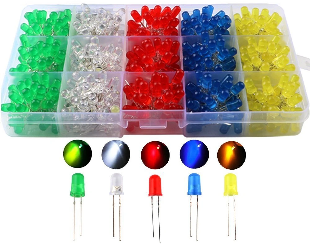 Cesfonjer 500 vnt. led šviesos diodai 5 mm, apvalūs spalvoti diodai 5 mm 2 kontaktų, (5 spalvos x 100 vnt.)