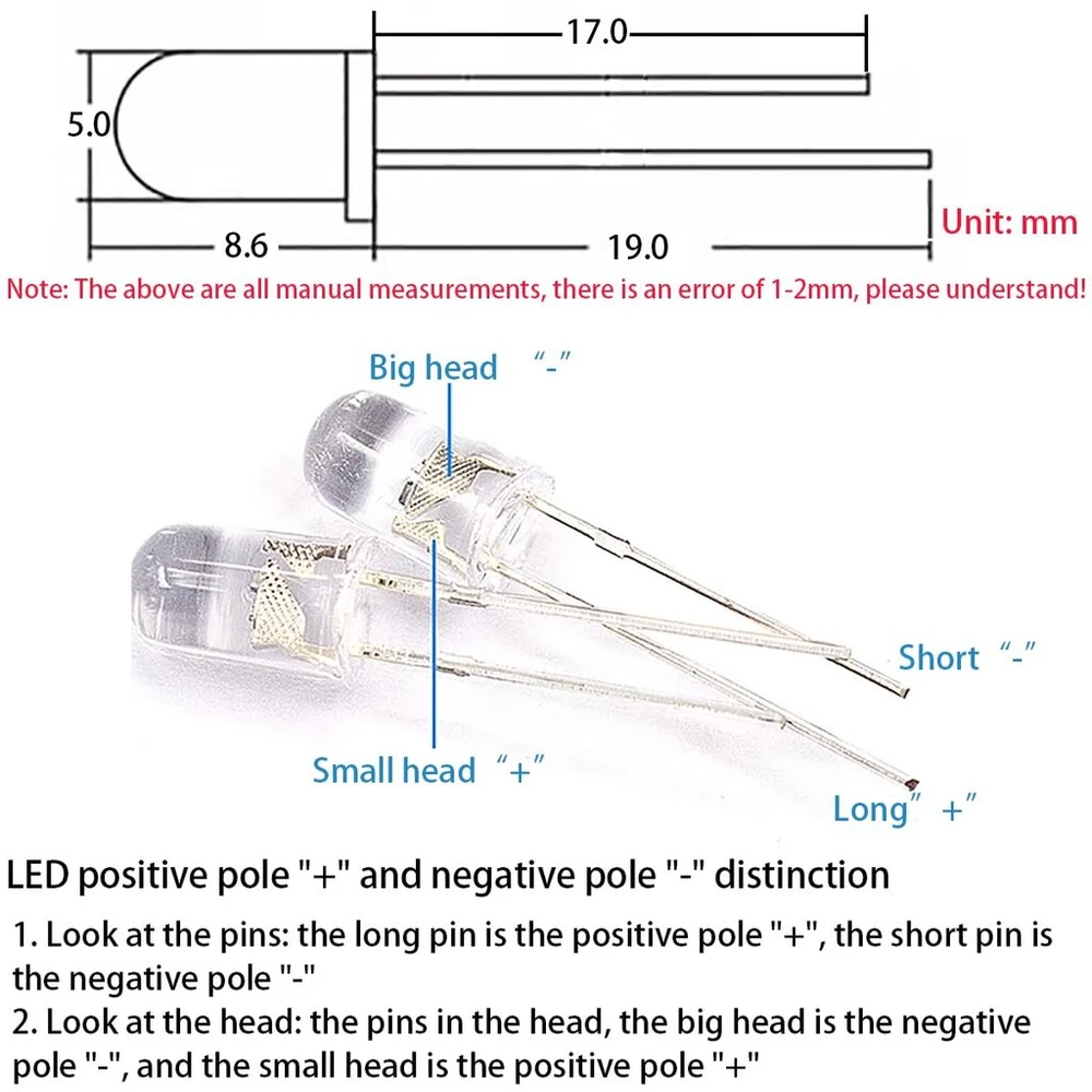 Cesfonjer 500 vnt. led šviesos diodai 5 mm, apvalūs spalvoti diodai 5 mm 2 kontaktų, (5 spalvos x 100 vnt.)