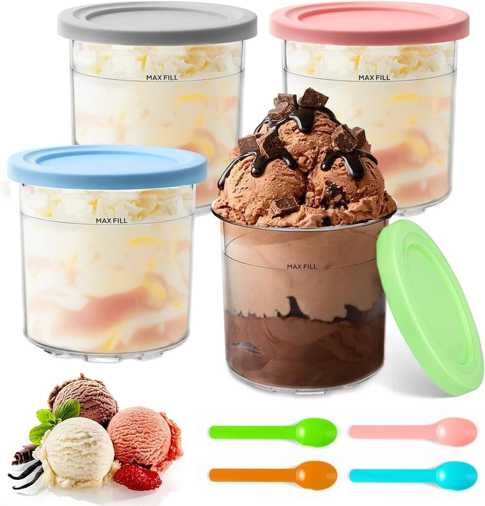 Chancci 4 vnt. ledų indelių, 473 ml talpos indai ledams su dangteliais, indai ledams su 4 kaušeliais, ledų indelis, skirtas Ninja Nc299 Nc300 serijai