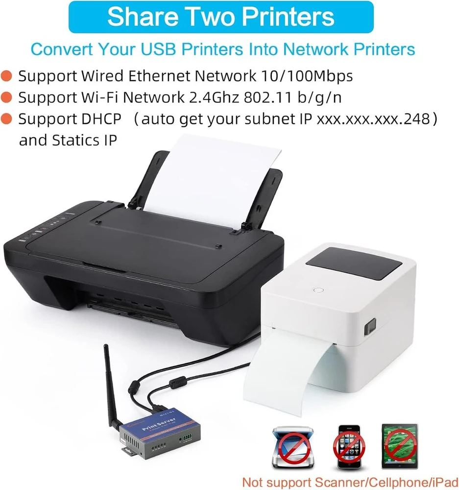 Cheecent belaidis spausdinimo serveris, skirtas usb spausdintuvams (ne plug & play), 2 prievadų usb spausdinimo serveris, konvertuoja laidinį spausdintuvą į belaidį wifi ethernet tinklą, suderinamas su windows mac