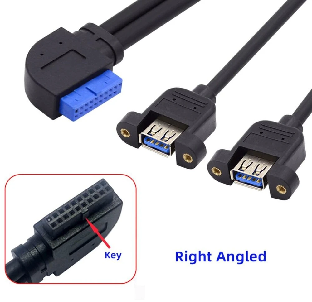 Chenyang 2 prievadų Usb 3.0 moteriškas į motininę plokštę 20 kontaktų vyriškas kabelis priekinio skydelio varžtų tvirtinimo tipui 30 cm 90 laipsnių kampu