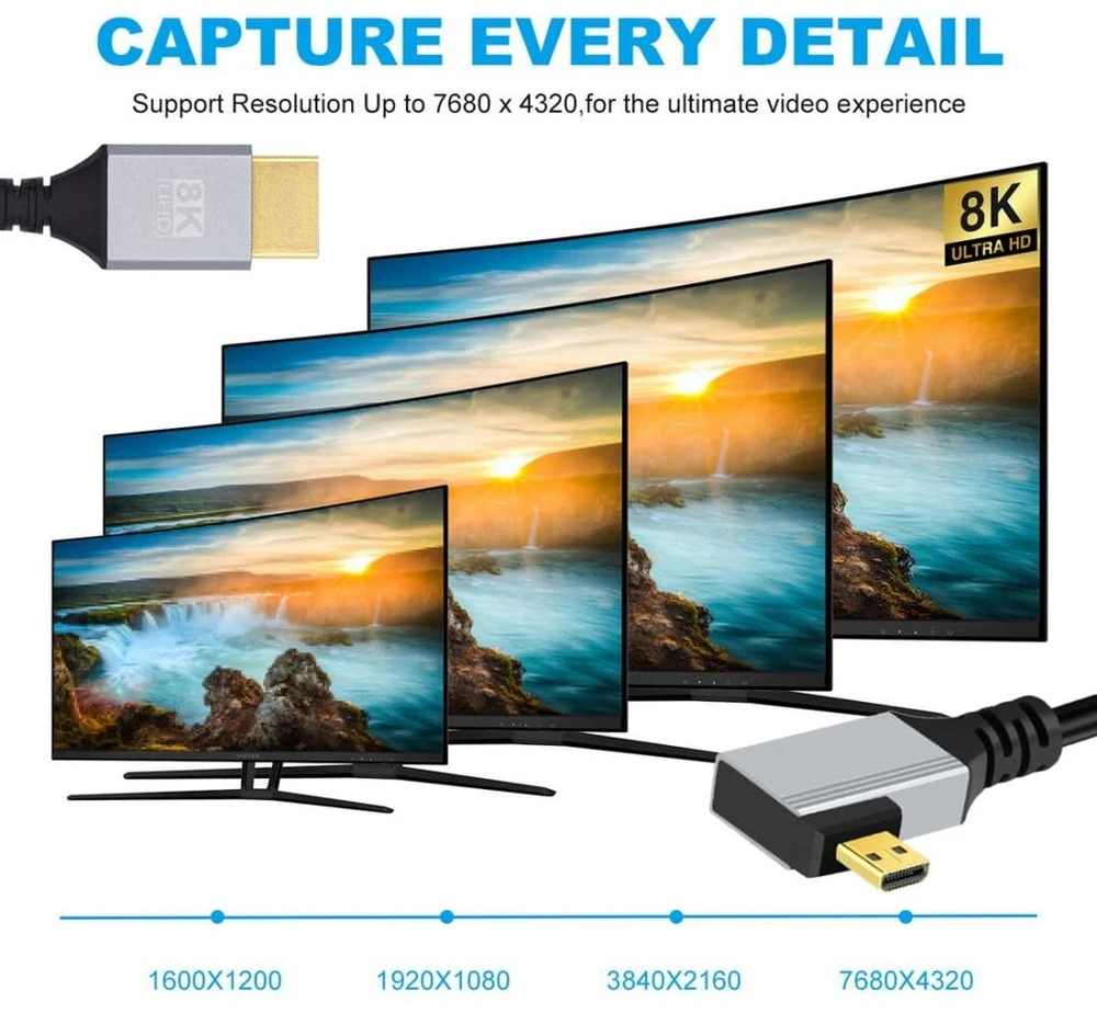 Chenyang Hdmi 2.1 kabelis, Hdmi kištukas į Micro Hdmi kištuką 90 laipsnių kampu į kairę 8k @ 60hz 4k @ 120hz 48gbps itin didelės spartos kabelis paauksuotas 1,64 pėdos/0,5 m skirtas televizoriui, monitoriui, kompiuteriui