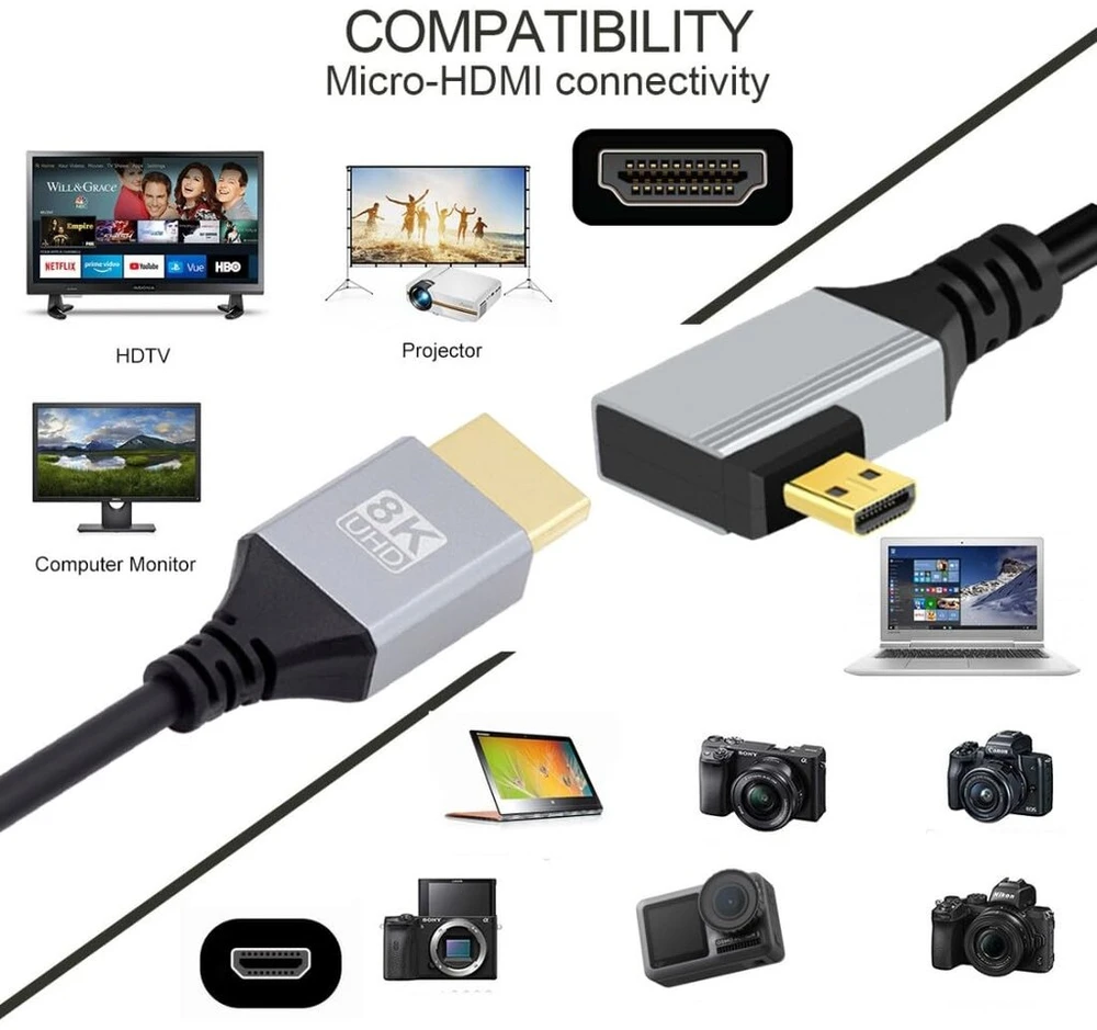 Chenyang Hdmi 2.1 kabelis, Hdmi kištukas į Micro Hdmi kištuką 90 laipsnių kampu į kairę 8k @ 60hz 4k @ 120hz 48gbps itin didelės spartos kabelis paauksuotas 1,64 pėdos/0,5 m skirtas televizoriui, monitoriui, kompiuteriui
