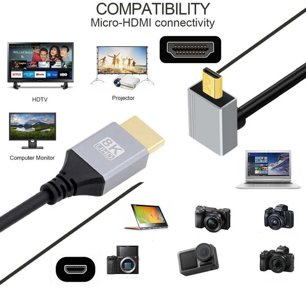 Chenyang hdmi 2.1 kabelis, hdmi male į micro hdmi male 90 laipsnių kampu aukštyn 8k @ 60hz 4k @ 120hz 48gbps itin didelės spartos kabelis paauksuotas 0,5 m, skirtas televizoriui, monitoriui, kompiuteriui