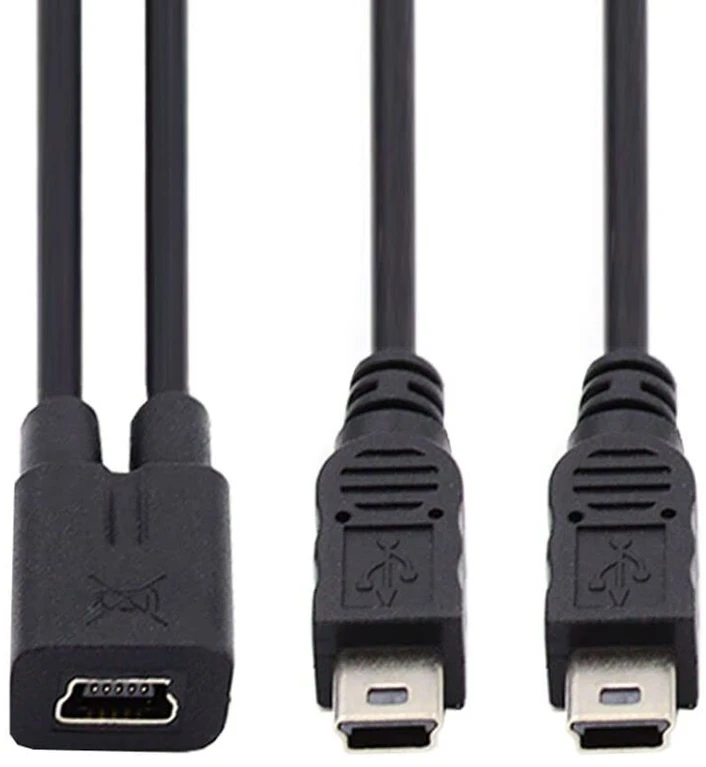 Chenyang Mini Usb skirstytuvas daugiafunkcinis įkrovimo laidas, Mini Usb 1 lizdas į 2 kištukus įkrovimo ilgintuvas palaiko dviejų įrenginių įkrovimą vienu metu, 0,3 m