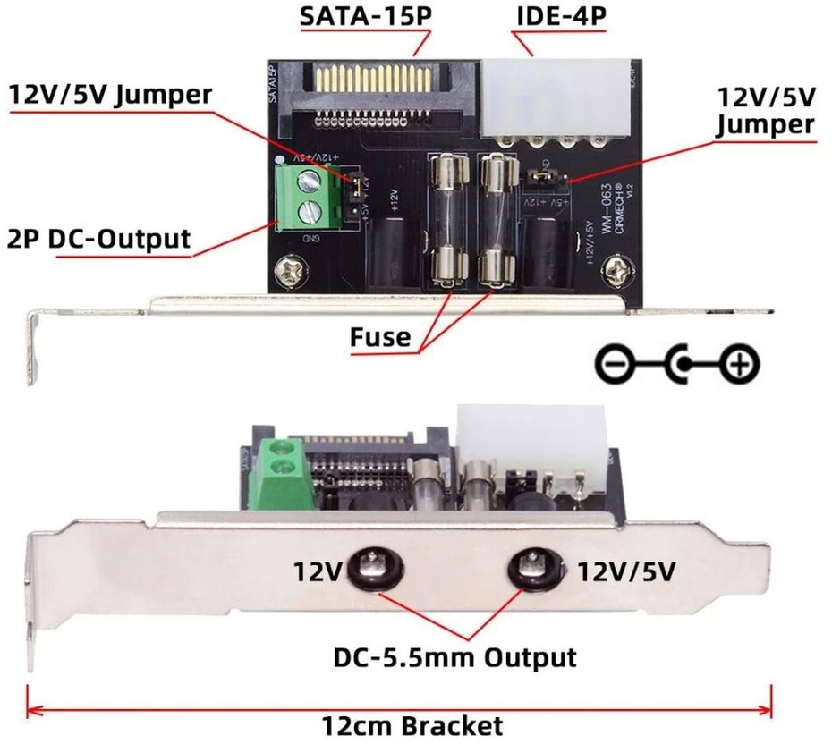 Pagrindinė plokštė Chenyang motininės plokštės sata/ide maitinimo į dc 12v/5v jumper maitinimo adapterio keitiklis su 12 cm pci-e laikikliu