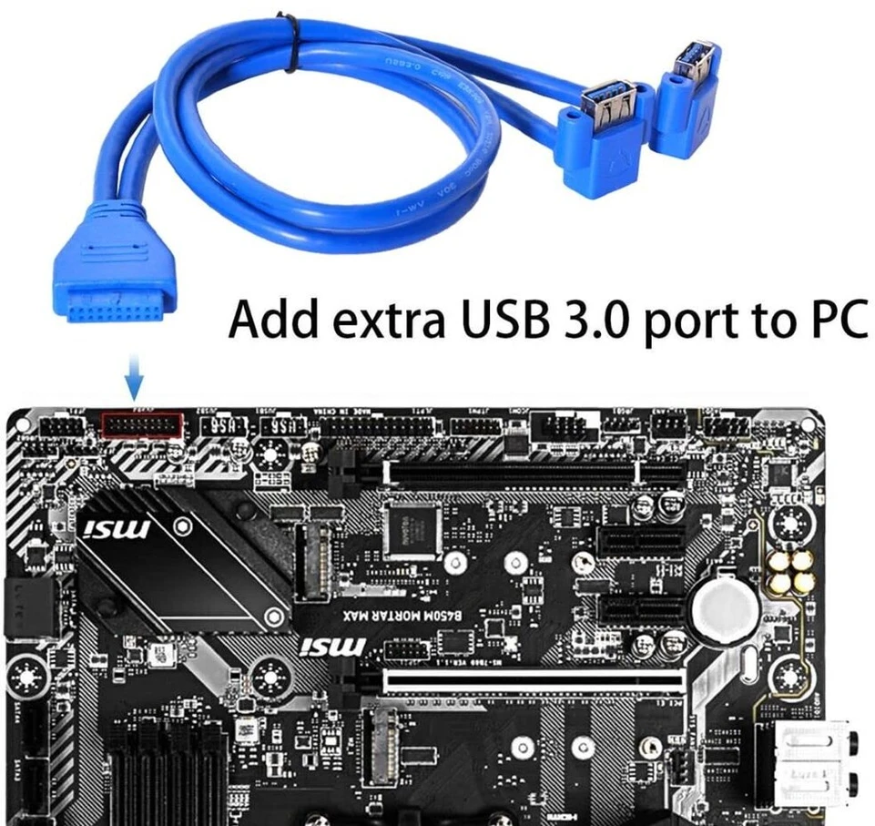 Chenyang pagrindinės plokštės 19/20pin 1 į 2 Usb 3.0 priekinio skydelio kampinis kabelis 50cm su skydelio tvirtinimo skylėmis