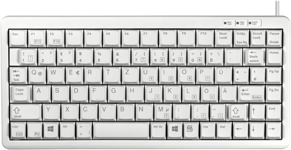 Cherry G84-4100, kompaktiška mechaninė klaviatūra, vokiškas išdėstymas (qwertz), be windows klavišų, laidinė (usb ir Ps/2), Cherry Ml jungikliai, šviesiai pilka