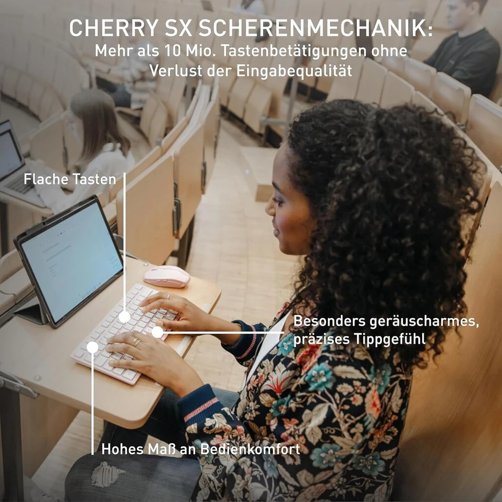 Cherry Kw 7100 Mini Bt kompaktiška kelių įrenginių klaviatūra su 3 Bluetooth kanalais, Eu išdėstymas (qwerty), plokščias dizainas, su dėklu, agavos žalia