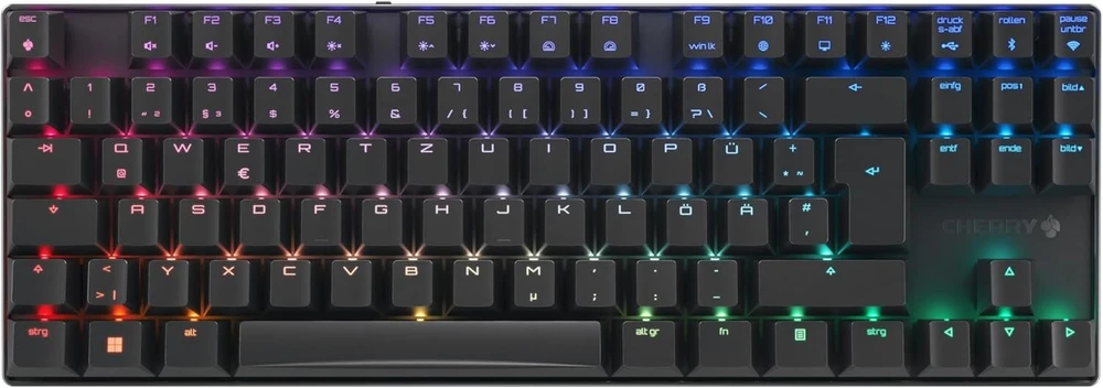 Cherry Mx 8.2 Tkl belaidė žaidimų klaviatūra be skaičių klaviatūros, vokiškas išdėstymas (qwertz), bluetooth, 2,4 Ghz ir kabelis, Mx2a Raudona jungikliai, juoda