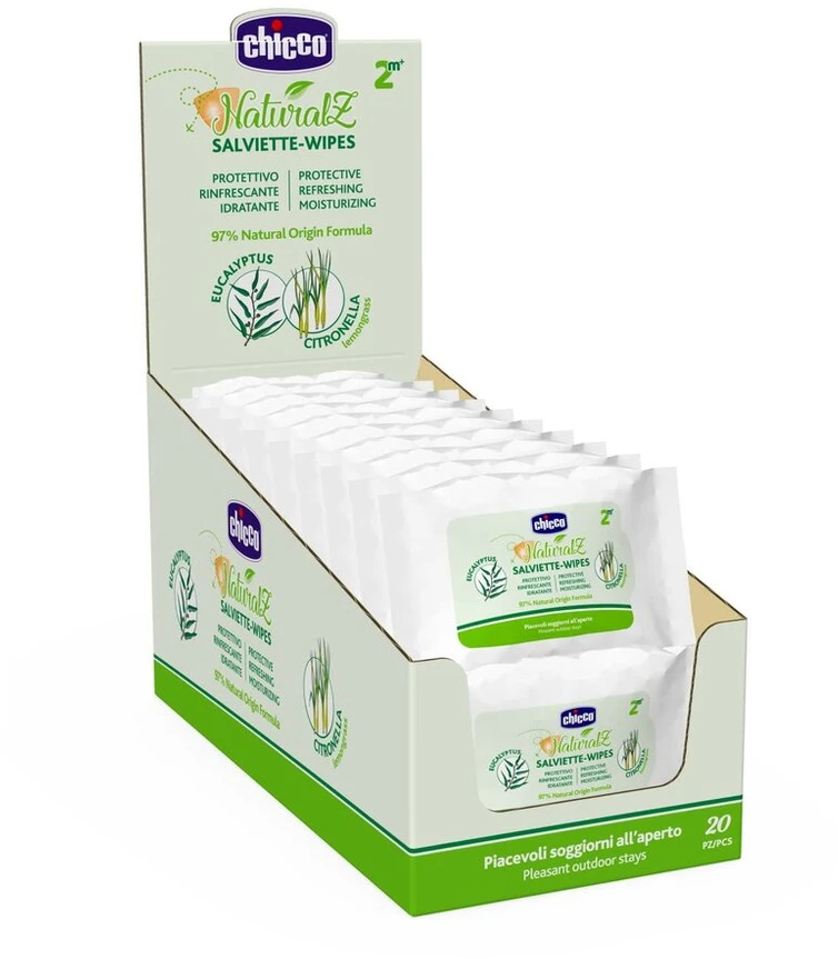 Chicco Naturalz Apsauginės servetėlės su citrinžole ir eukaliptu, 20 vnt.