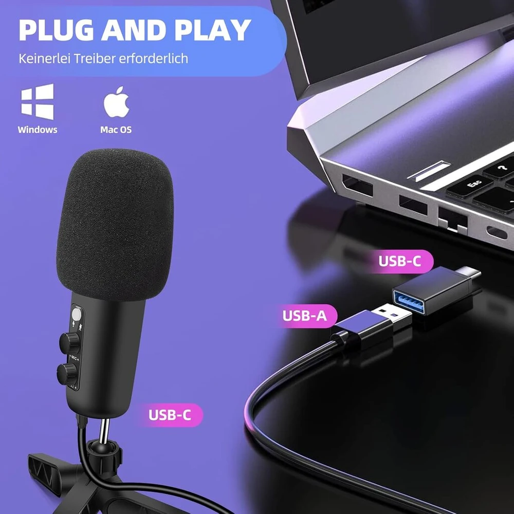 Chicsolis Usb mikrofonas Rgb kondensatorinis mikrofonas Plug Play: žaidimų mikrofonas Pc kompiuteriui Android - su 3,5 mm ausinių lizdu, pasukamas valdiklis garsumo reguliavimui