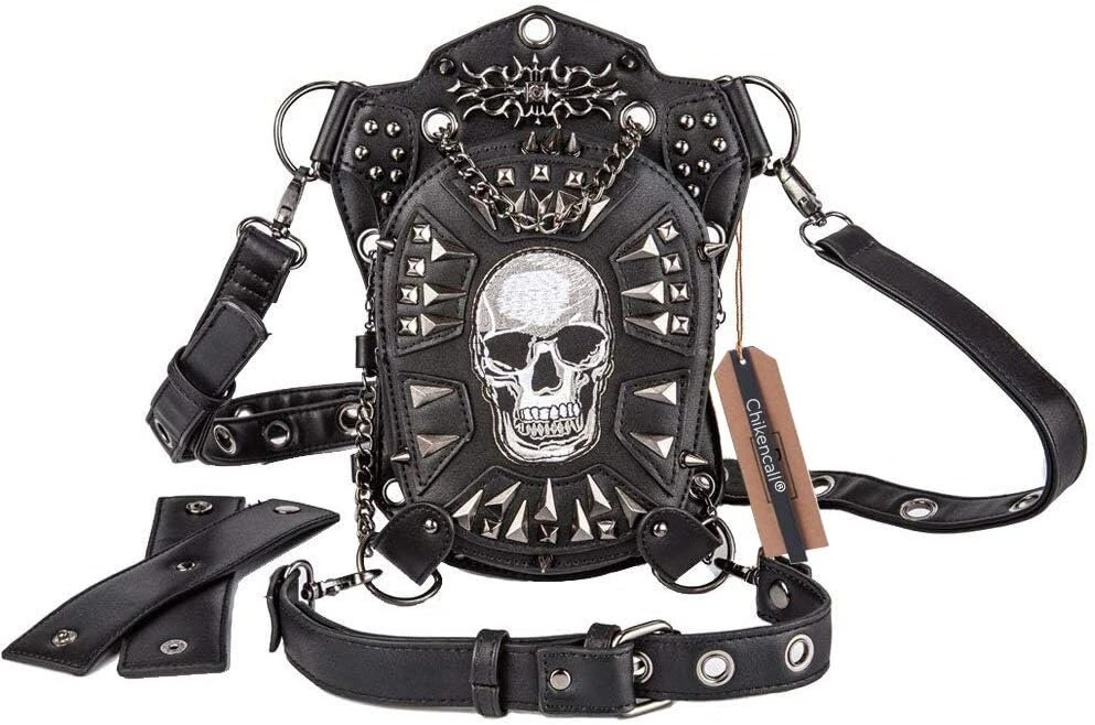 Chikencall® Helovino gotikinė steampunk diržo rankinė, krentanti ant kojos, rankos rankinė, juosmens rankinė, rankinės su diržu per petį, rožių kaukolė