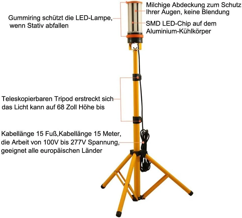 Choen mefard 60 w led darbo šviestuvas led statybinis prožektorius su trikoju, 6500 lm, 360° apvalus plieno apšvietimas, ac100-277 v, ip64 atsparus vandeniui
