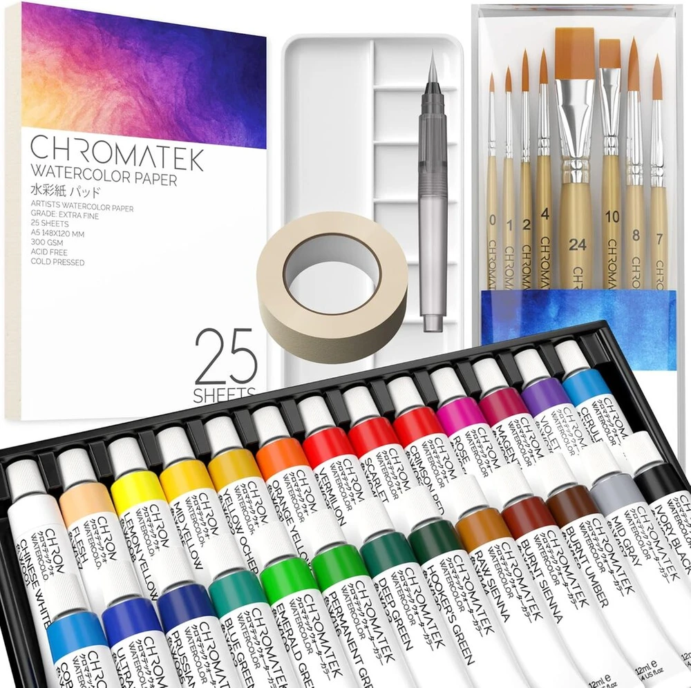 Chromatek akvarelinių dažų rinkinys - 62 dalių rinkinys suaugusiems, pradedantiesiems ir profesionaliems menininkams - 26 tūbelės (12 ml), 25 puslapių eskizų bloknotas, 8 teptukai, aqua teptukas, paletė, maskavimo juosta