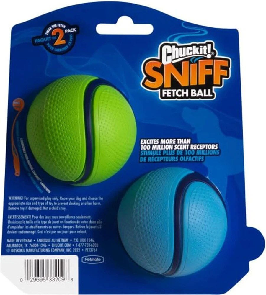 Chuckit! - Sniff Fetch Ball Duo - 2 kamuoliukai šunų sekimui - 2 kamuoliukai su šoninės ir žemės riešutų sviesto kvapu - tvirtas kamuoliukas su storu branduoliu - dydis: vidutinis - skersmuo: 6,5 cm
