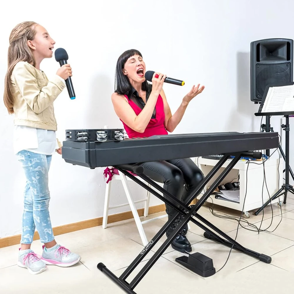 Chuertech dvigubo sutvirtinimo stovas klaviatūrai, 7 krypčių aukščio reguliavimo klaviatūros trikojis, neslystantis, sulankstomas, tvirtas e-pianino stovas su dvigubais fiksavimo dirželiais, pianino laikiklis - juodas
