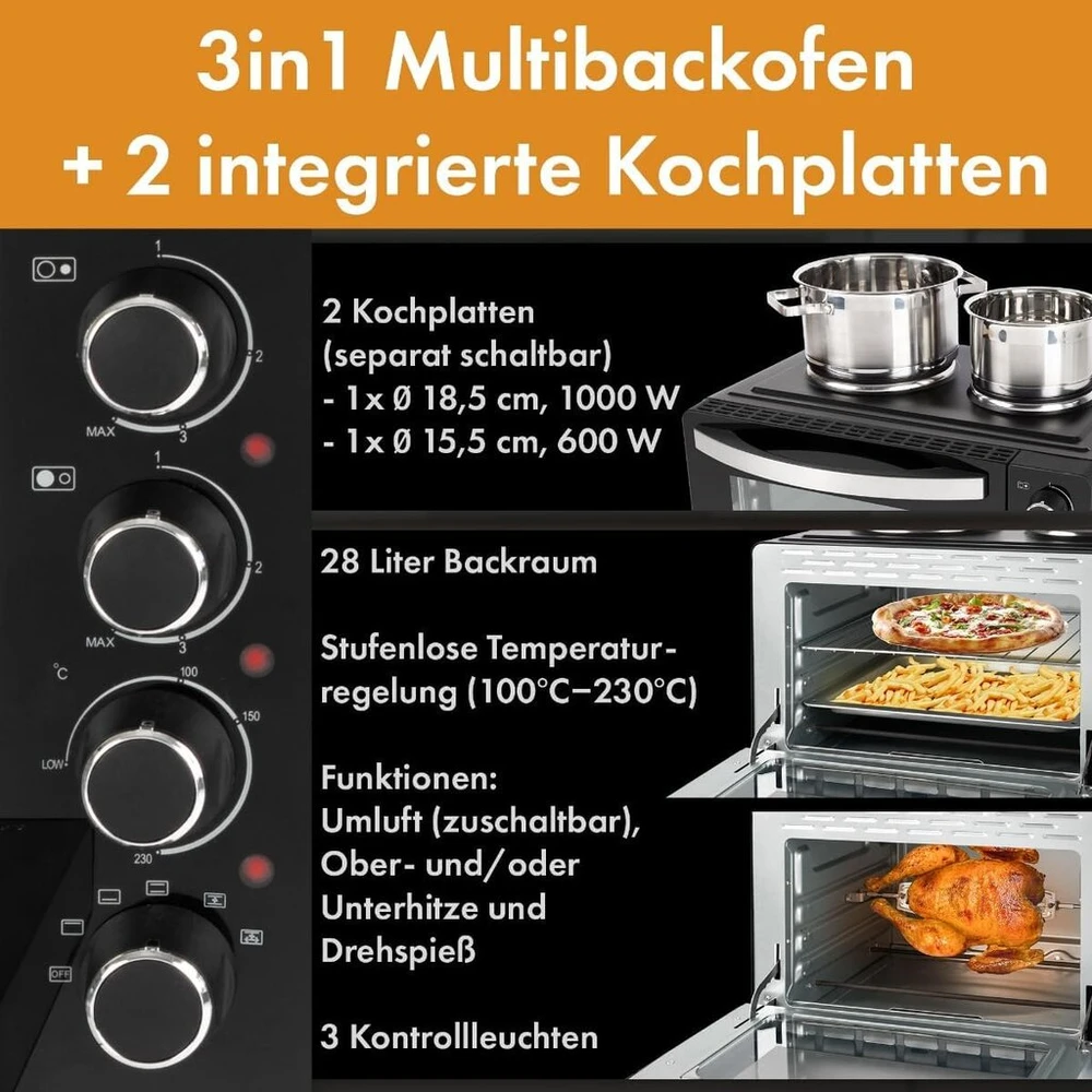 Elektrinė krosnelė Clatronic® kk 3786 mini orkaitė su kaitvietėmis ir iešmu | kepimas ir virimas vienu metu | mini orkaitė 28 l su konvekcija, viršutiniu / apatiniu kaitinimu 100° - 230°c | elektrinė mini orkaitė 3100 w komplekte